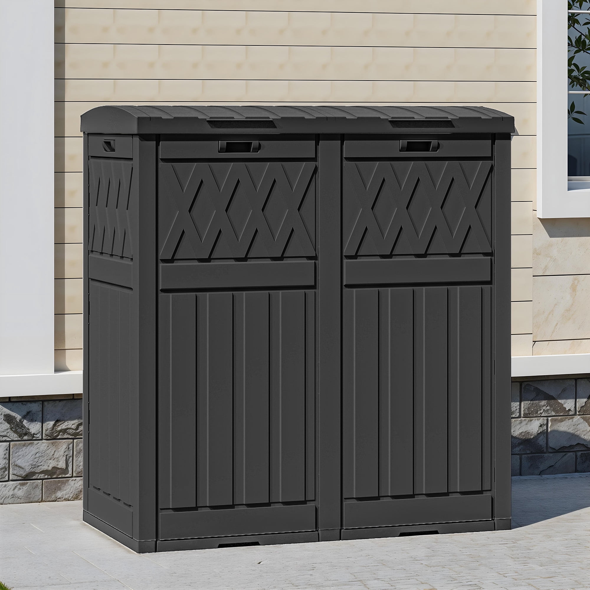 Uforic 66 Gallon Double Compartment Trash Can, Weatherproof Resin Garbage Bin with Lid & Drip Tray, for Patio Deck Backyard Kitchen, Black