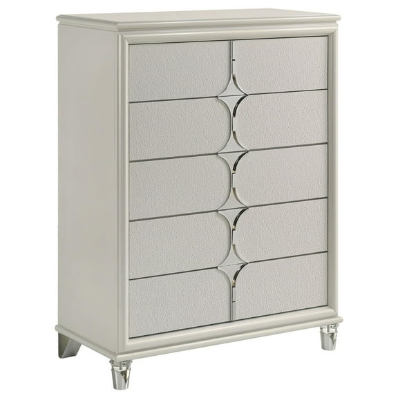 Ory Tall Dresser Chest w 5 Drawers, Chrome Star Handle, Pearl Ivory