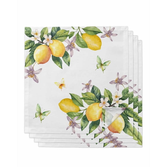 Yellow Lemon Cloth Napkins Set of 4 Reusable Dinner Napkins, Country Flower Butterfly Watercolor White Cocktail Napkin Washable Table Napkins for Wedding/Holiday Party/Baby Shower 20"x20"