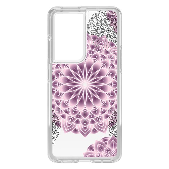 DistinctInk Clear Shockproof Hybrid Case for Galaxy S21 ULTRA 5G (6.8" Screen) - TPU Bumper, Acrylic Back, Tempered Glass Screen Protector - Mandala - Purple and Pink and Black
