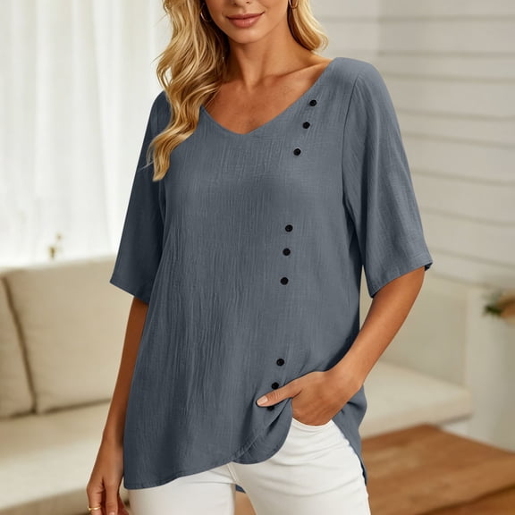 Womens Tops Cotton Linen Summer Tshirts for Women V Neck Elbow Length Sleeve Split Front Loose Casual Tshirts