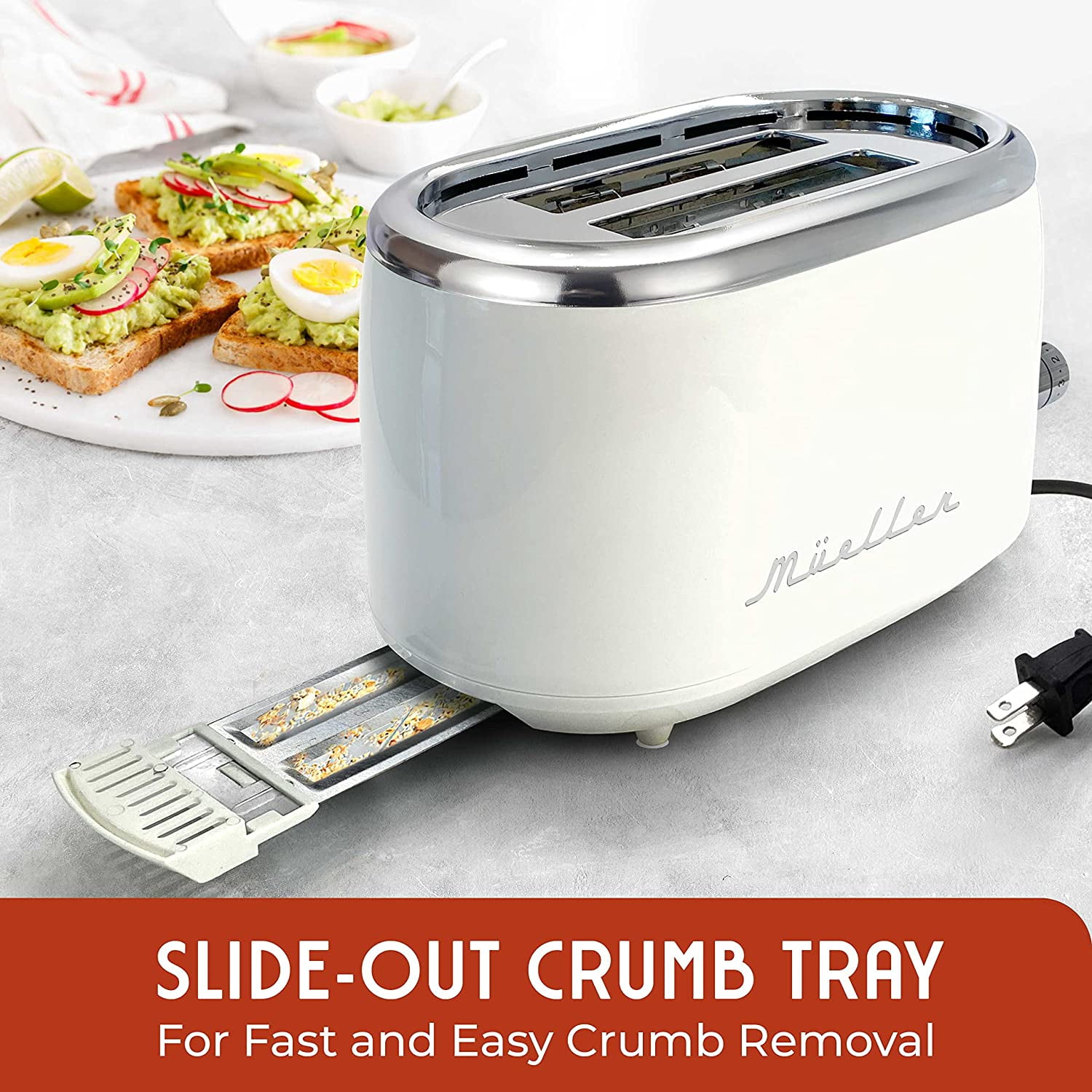 MÜELLERHOME Retro Toaster 2 Slice, 7 Browning Levels, 3 Functions (Reheat, Defrost, Cancel), Stainless Steel Features, Removable Crumb Tray, Under Base Cord Storage, White Toaster Kitchen Appliances