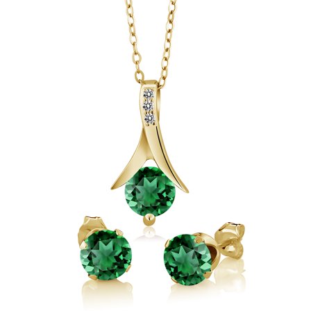 Gem Stone King 18K Yellow Gold Plated Silver Simulated Emerald and White Diamond Pendant and Earrings Jewelry Set for Women (2.36 Cttw, with 18 inch Chain)