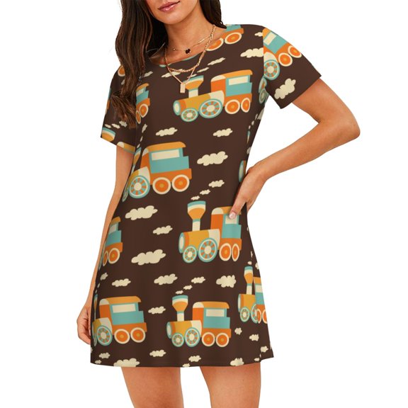 Women's Nightgown Sleepwear Short Sleeves Nightshirt Sleepdress Sleepshirts, Train Fun