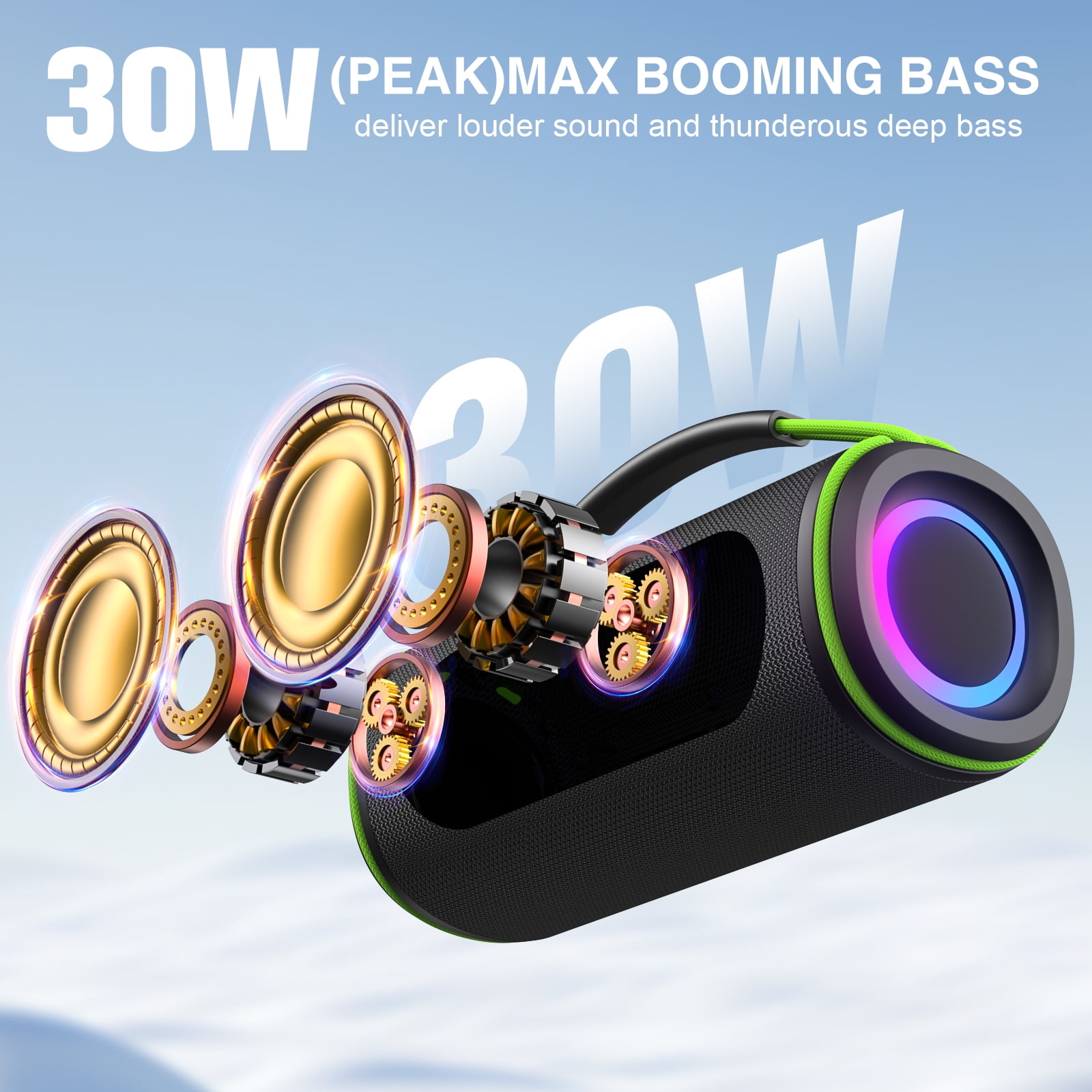 30W Portable BT Speaker, IPX6 Waterproof & Lights, 10H Playtime for Party