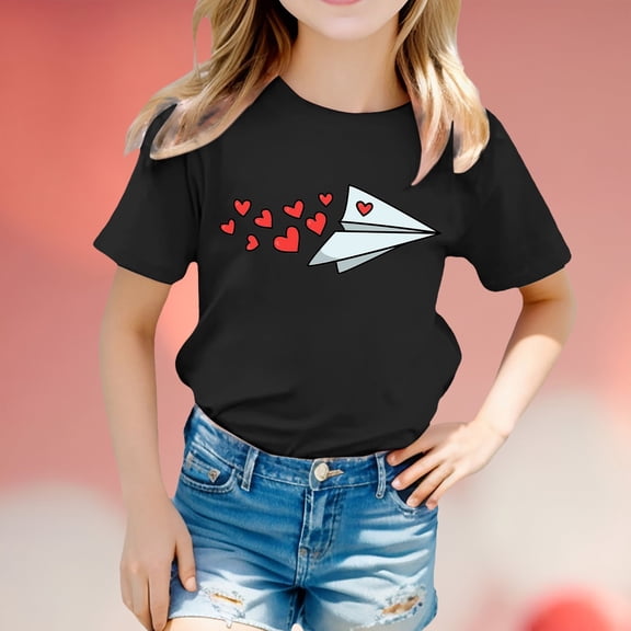 JIAYUE Valentines Day Kids Boys Girls Tops Cartoon Print Short Sleeve Crew Neck Pull-On Lightweight T Shirt For Toddler Casual Dailywear