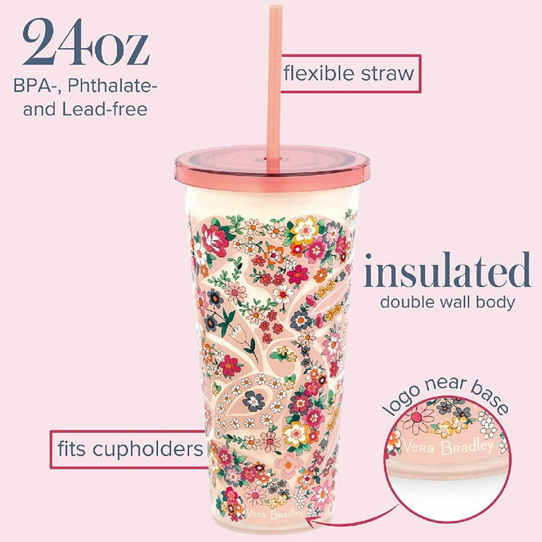 Vera Bradley Travel Tumbler 24 Oz With Lid And Straw.