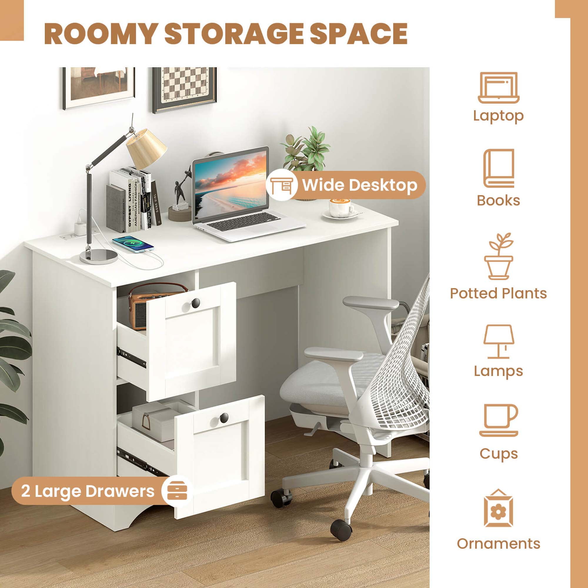 Costway 43" Home Office Desk Compact Study Writing Desk with 2 Drawers Charging Station