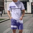 thumbnail image 2 of Sewkxo Men Color Block Striped Short Sleeve T Shirt And Shorts Set Casual Athletic 2 Piece Outfit Drawstring Waist Set,Purple L, 2 of 6