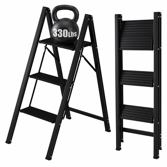 edx 3 Step Ladder, Aluminum Lightweight Folding Step Stool with Anti-Slip Wide Pedal, 330Lbs Capacity for Home, Kitchen & Office, Black