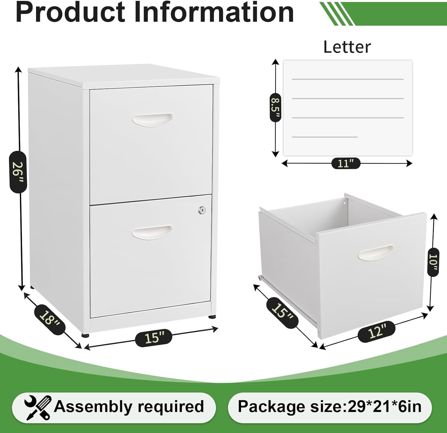 2 Drawer File Cabinet with Lock,White Small Filing Cabinet for Home Office, Metal Vertical File Under Desk Cabinet for A4/Letter,Assembly Required