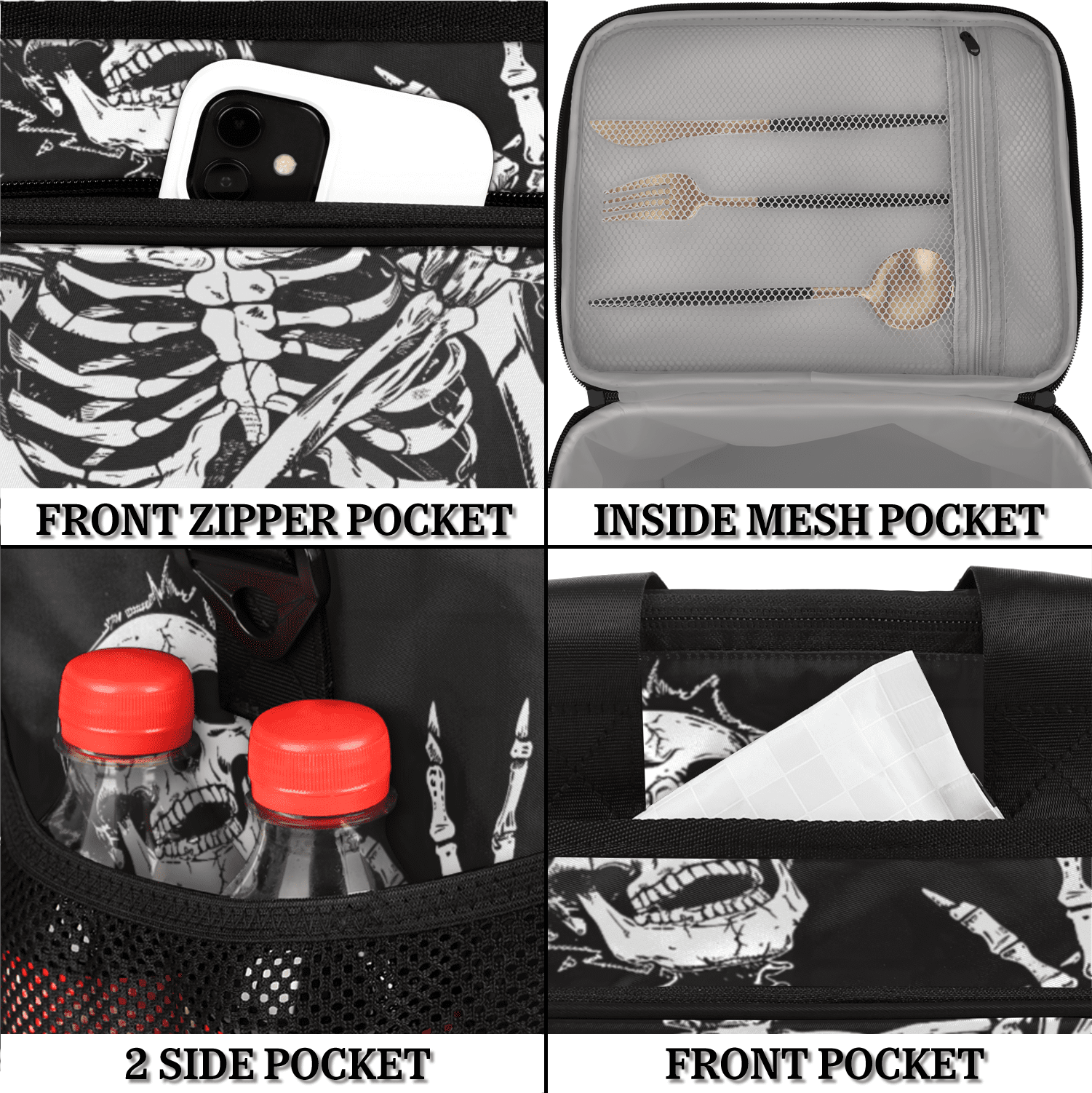 Herdesigns Skeleton Funny Skull Large Lunch Box for Adults Women Men with Adjustable Shoulder Strap, Insulated Reusable Lunch Bag Leakproof Cooler Tote Bag