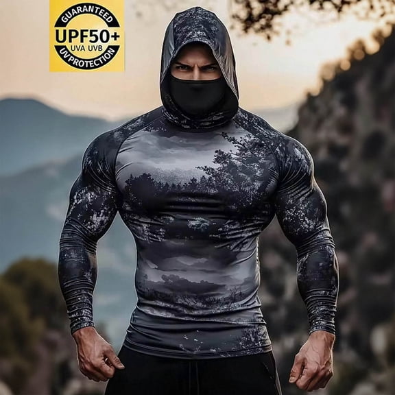 Yaoyar Men's Performance Fishing Shirts,Sun Protection Hoodie Long Sleeve UPF 50 Hiking Shirt with Mask Cap