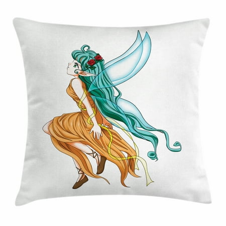 Anime Throw Pillow Cushion Cover, Pixie Girl Caricature with a Long Green Hair and Wings Fantasy Elf, Decorative Square Accent Pillow Case, 18 X 18 Inches, Ginger Sea Green and Aqua, by