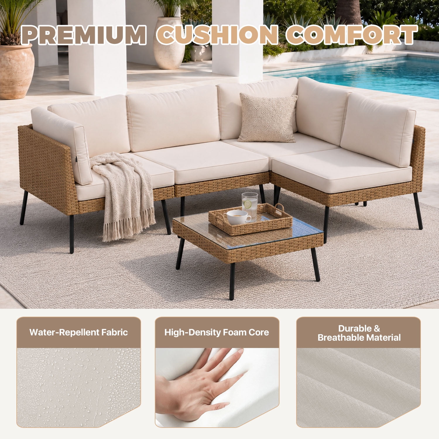 BaPiPro 5-Piece Modular Outdoor PE Rattan Sectional Sofa Set, All Weather Patio Furniture with Removable 4" High Density Cushions & Tempered Glass Coffee Table for Backyard Garden Courtyard, Beige