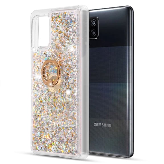Bemz Waterfall Case for Samsung Galaxy A42 5G (Flowing Liquid Glitter Ring Kickstand Holder Protection Cover) with Touch Tool - Silver