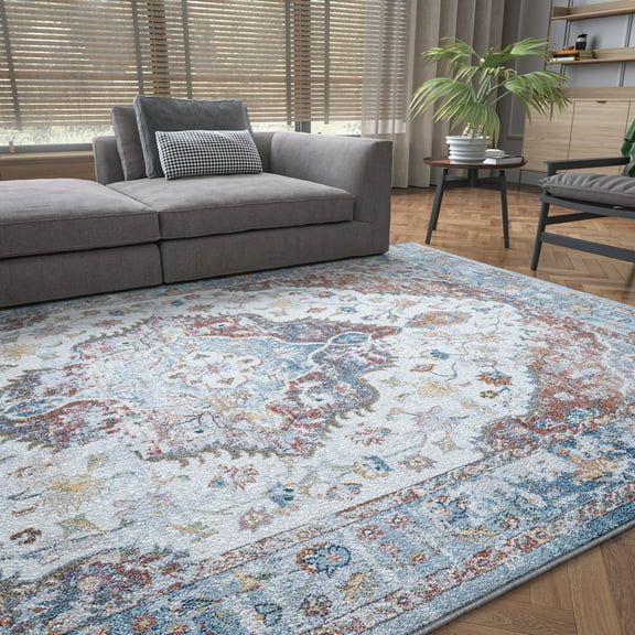 Traditional 5x7 Area Rug (5'3'' x 7'3'') Oriental Navy, Cream Living Room Easy to Clean