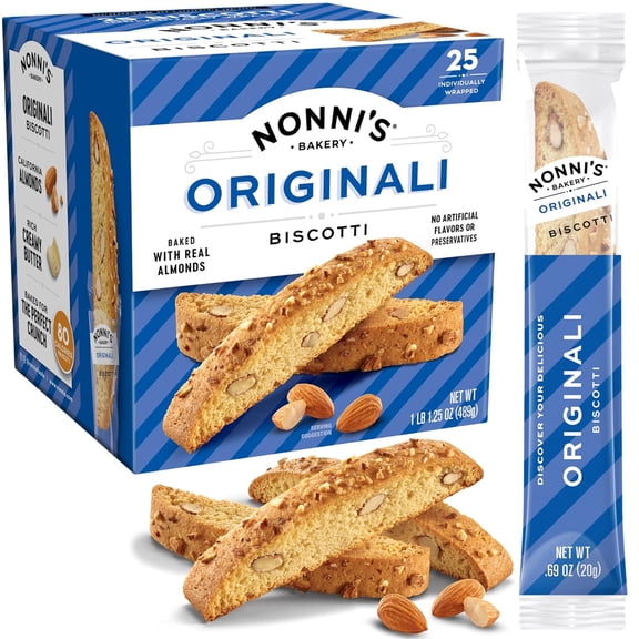Nonni's Originali Classic Almond Biscotti Cookies – Individually Wrapped Italian Coffee Snack, Crunchy Twice-Baked, 80 Cal Each, 17.25 oz Carton
