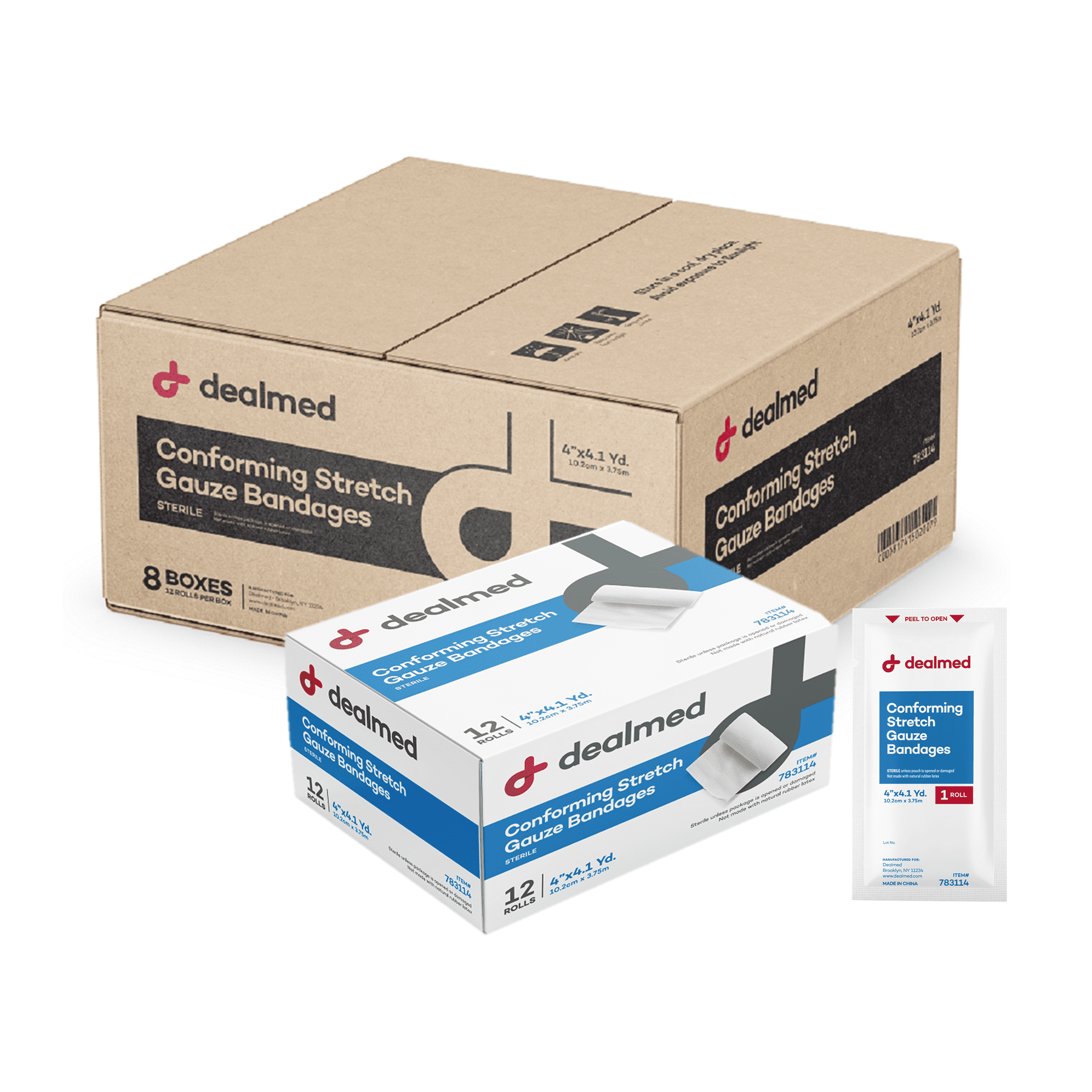 Dealmed 4" Sterile Conforming Stretch Gauze Bandages, 4.1 Yards Stretched Gauze Rolls, Wound Care Product, Case of 96