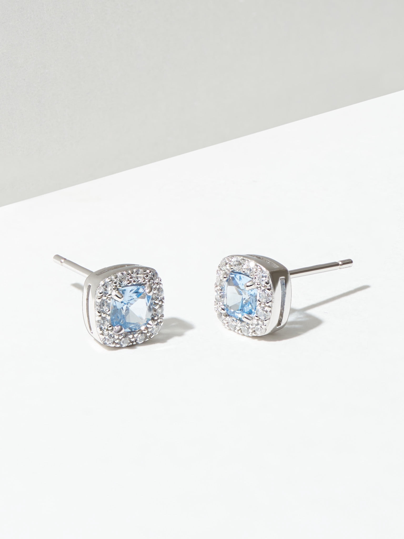 Forever Facets Women's Platinum over Sterling Silver Created Sapphire and CZ Stud Earrings