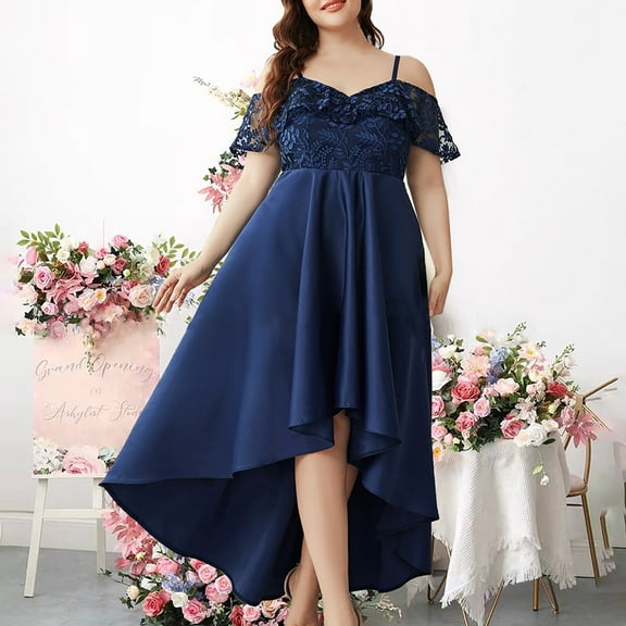 OSFVNOXV Plus Size Evening Dress for Women Off Shoulder High Waist Chiffon Dress High-Low Lace Embroidered Wedding Guest Prom Mother of Bride Dress with Straps,Sizes S-4XL