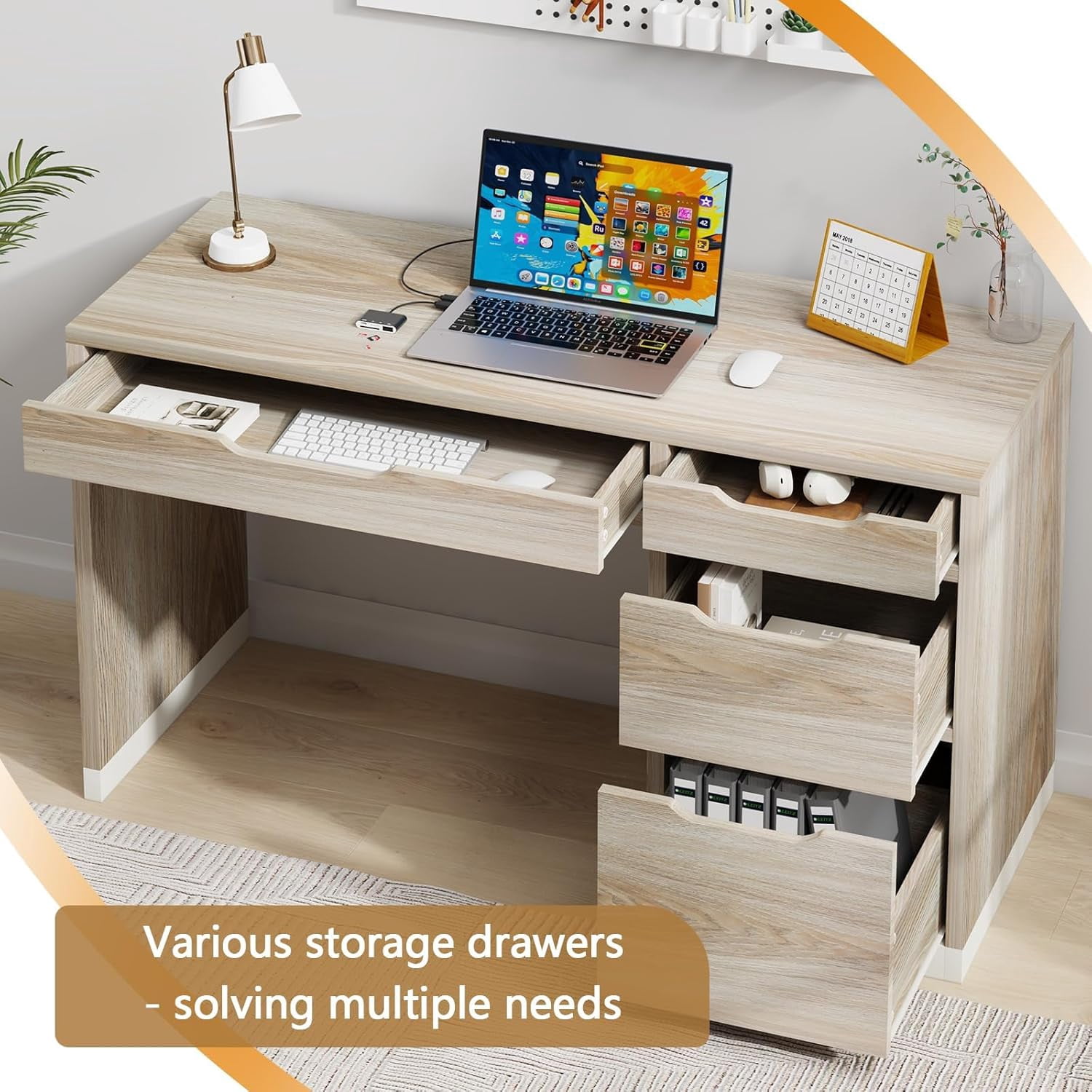 DreamCurship 52 inch Computer Desk with 4 Storage Drawers, Home Office Desk with Storage for Small Space, Writing Desk with File Cabinet, White and Walnut