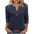thumbnail image 2 of HongQid Women's Casual 3/4 Sleeve T Shirts Button V Neck Tunic Blouses Striped Basic Tee Tops Loose Fit Shirt, 2 of 9