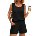thumbnail image 4 of VISALY Two Piece Lounge Shorts Sets for Women Summer Square Neck Sleeveless Tank Drawstring Elastic Waist Shorts with Pocket Summer Soft Comfortable Casual Sweatsuit Homewear Outfit Black L, 4 of 8
