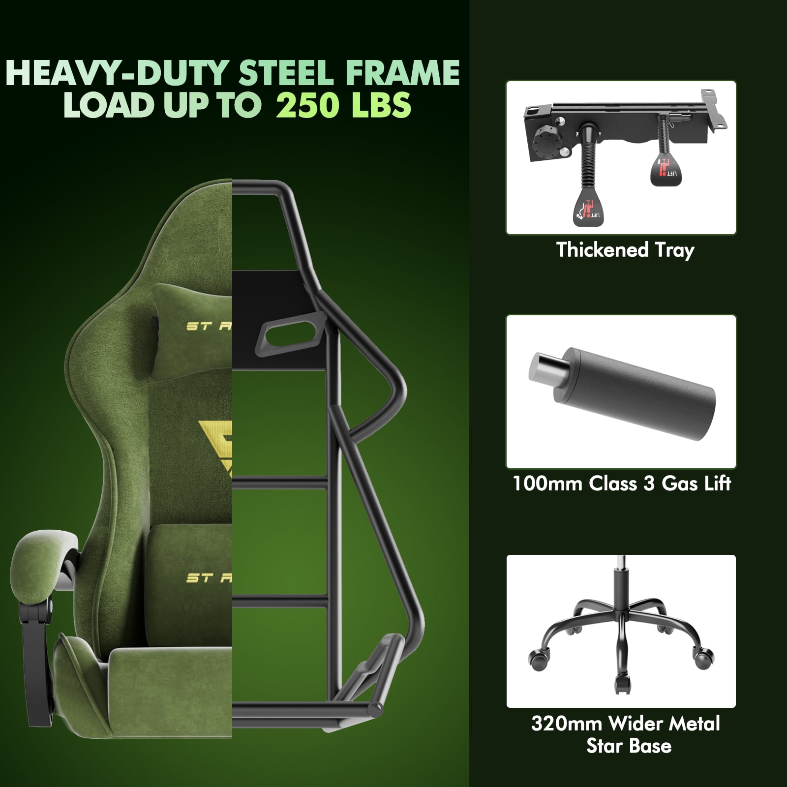 SOONTRANS Gaming Chair with Footrest, High Back Gamer Game Chair for Adult, Velvet Fabric Ergonomic Office Chair with Massage Lumbar Cushion, Reclining Computer Desk Chair ,Green