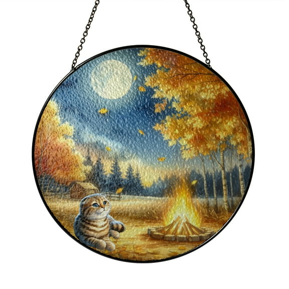 Hello Fall Scottish Fold Enjoys Warm Campfire Autumn Night Bright Moon Stained Glass Suncatcher Cat Lover Kitten Owner Gifts Window Hanging Sign Decor - 01008