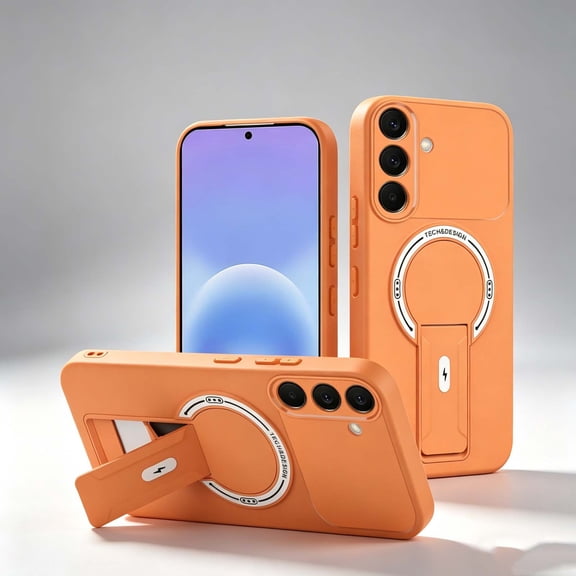 For Samsung Galaxy A37 Phone Case,Adjustable Foldable Invisible Kickstand,Compatible with Mag-Safe,PC TPU Hybrid Shockproof Anti-fall Heavy Duty Drop Protection,Thin Phone Case,Orange