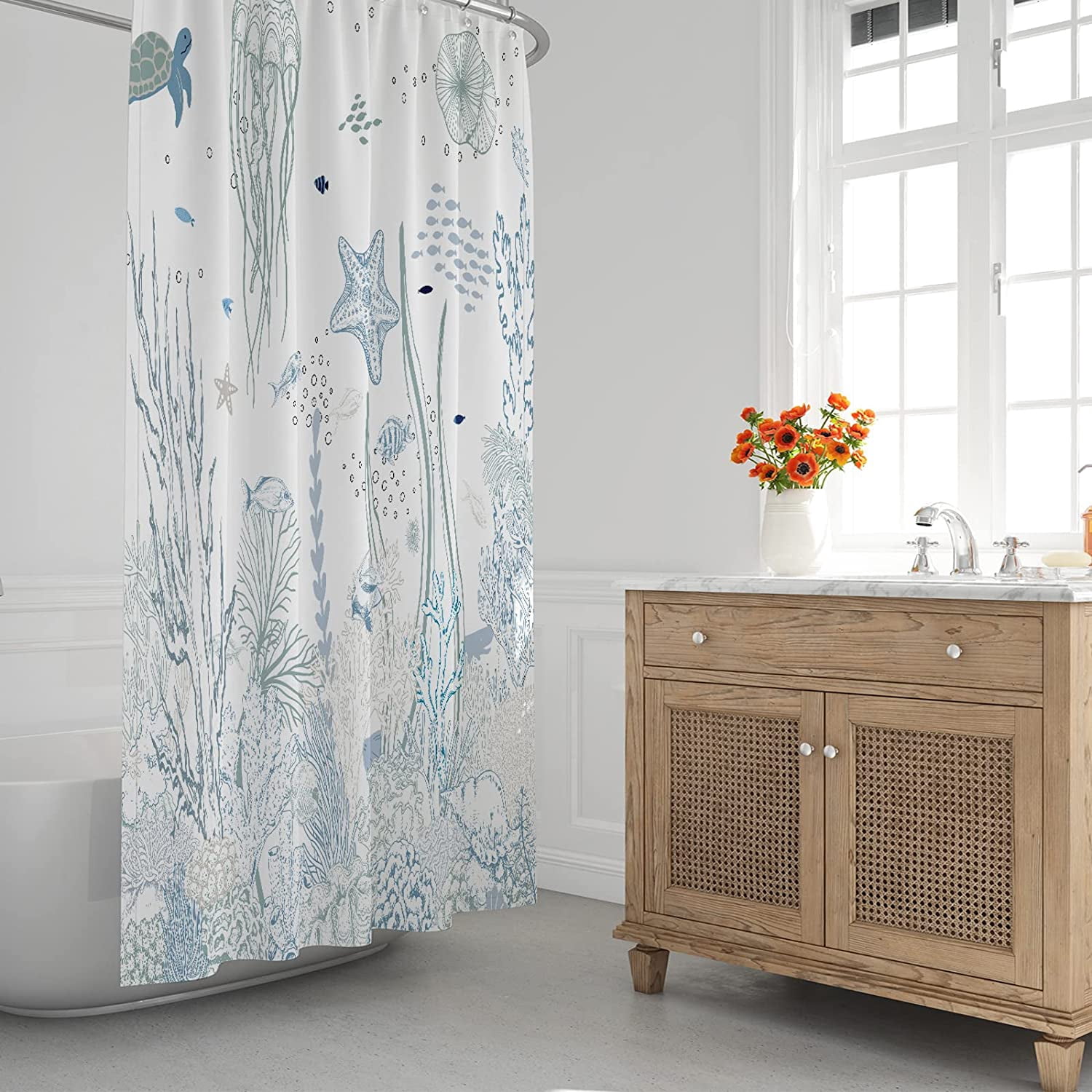 Nautical Shower Curtain – Ocean Starfish & Seashell Print, Waterproof Polyester – Beachy Bathroom Decor In White & Orange