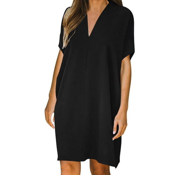 Uaswgudfs Women's Casual Short Sleeve Midi Dress​ - Relaxed Fit V-Neck Summer Design with Clean Lines, Effortless Everyday Wear Black L