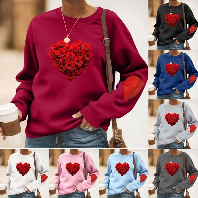 RKSTN Women's Valentine's Day Sweatshirts Oversized Crewneck Valentines Heart Graphic Print Hoodless Sweatshirt Womens Casual Plus Size Round Neck Loose Comfy Sweatshirt Fall Spring Clothes