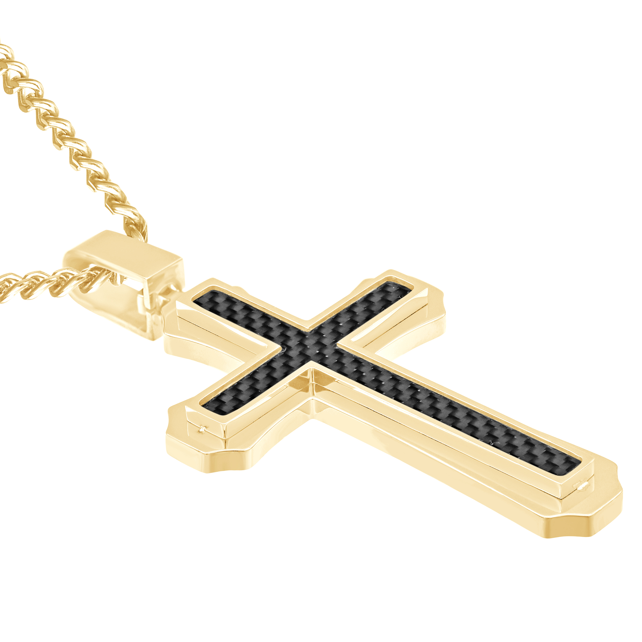 Mens Carbon Fiber Gold Plated Stainless Steel Cross Pendant