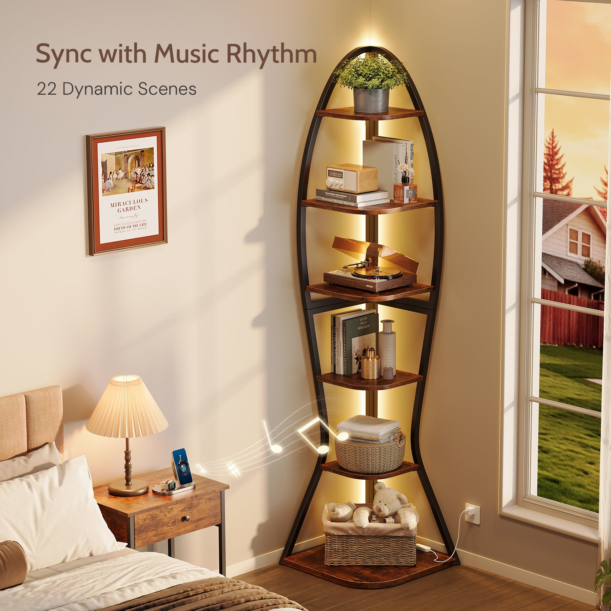 Vividwood Artistic Fish-Inspired Corner Shelf with LED Lights, 6-Tier Tall Corner Bookshelf with Multi-Depth Display, Space-Saving Storage Unit with Remote Control for Bedroom & Living Room