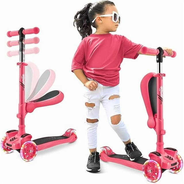 Scooter de 3 Ruedas Hurtle para Niños y Niñas 1 Año en Adelante, Patin del Diablo, Luces LED en las Ruedas, Manillar Ajustable y Asiento Plegable, Modo Sentado o de Pie con Freno, Sandia