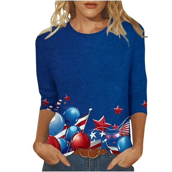 GERsome American Flag Tops for Women 4th of July Patriotic T-Shirt USA Flag Stars Stripes Graphic 3/4 Sleeve Crewneck Shirts Loose Fit Summer Tee S-5XL