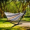thumbnail image 4 of SZHLUX Double Hammock with Stand Included 450lb Capacity Steel Stand, Premium Carry Bag Included and Two Anti Roll Balance Beam, Portable Hammock with Stand for Backyard, Camping,Garden Brown Stripes, 4 of 8