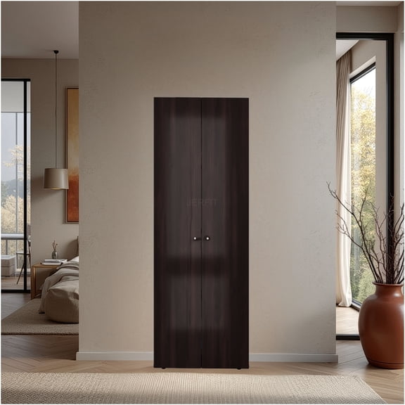 JERFIT Modern Wardrobe Armoire with Hanging Rod & Shelf, Brown Oak Finish Freestanding Closet Organizer for Bedroom, Apartment Storage Cabinet