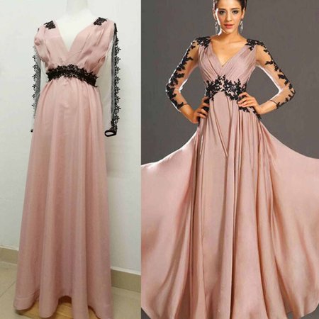 Women v-neck long sleeve Formal Bridesmaid Ball Prom Gown Evening Party Cocktail Long Maxi