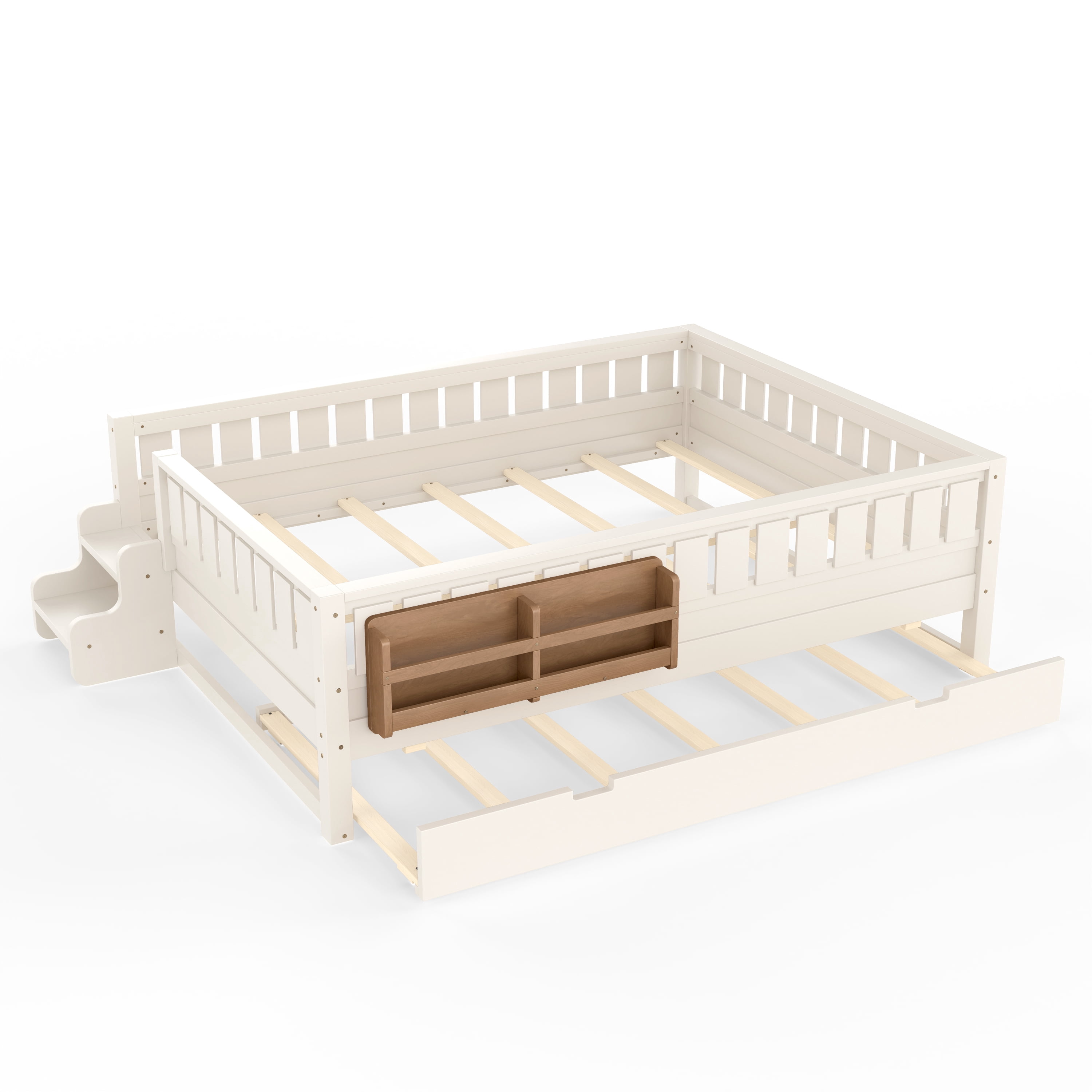 Queen Bed with Bookshelf and Trundle 83.8 Inch, Solid Wood Frame with Staircase and Safety Rails, Space-Saving Kids Bed with Storage, Beige