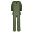 thumbnail image 4 of CZHJS Women's Cotton Linen 2 Piece Outfit Wide Leg Pants Sets Solid Color Soft Tracksuits Elegant Lounge Sets Loose Clothes for Ladies Casual 3/4 Sleeve V Neck Shirt Army Green S, 4 of 6