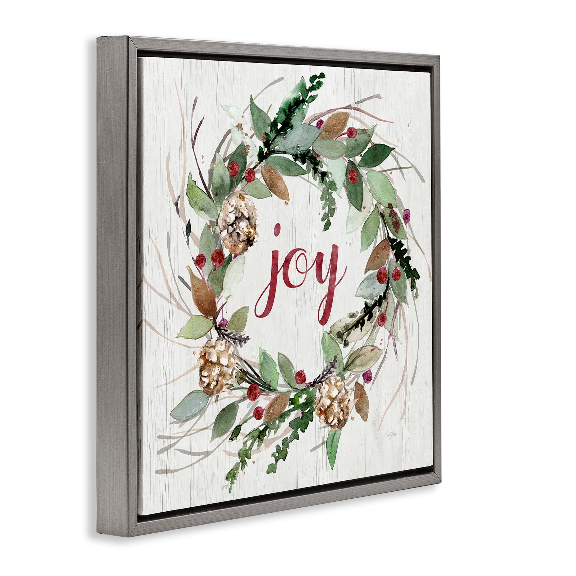 Stupell Industries Joy Seasonal Wreath Botanical & Floral Painting Gray Floater Framed Canvas Art Prints Wall Art, 25 x 25
