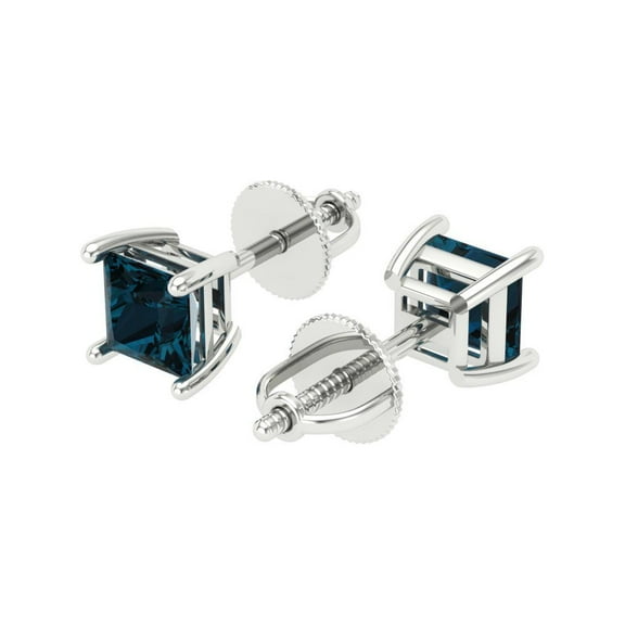 1 Ct Princess Cut Studs Natural London Blue Topaz 18K White Solid Solid Gold Everyday Dainty Earrings Screw Back