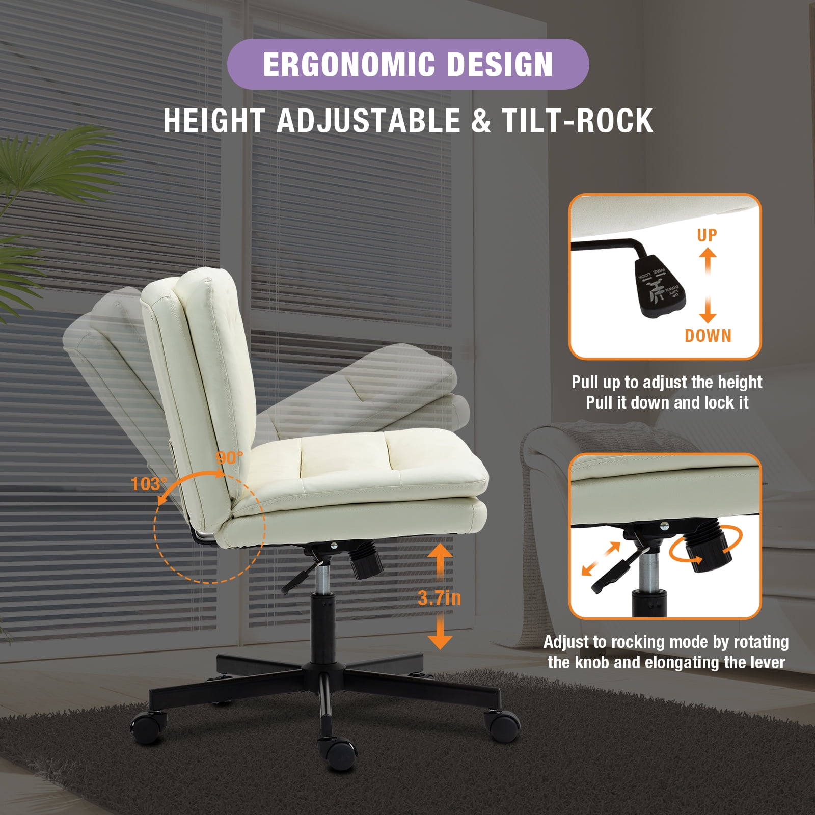 Criss Cross Legged Chair Ergonomic Home Office Desk Chair with Casters, Armless Wide Comfy Computer Task Seat Swivel Rolling Vanity Chair with Height Adjustable and Rocking Function, Beige