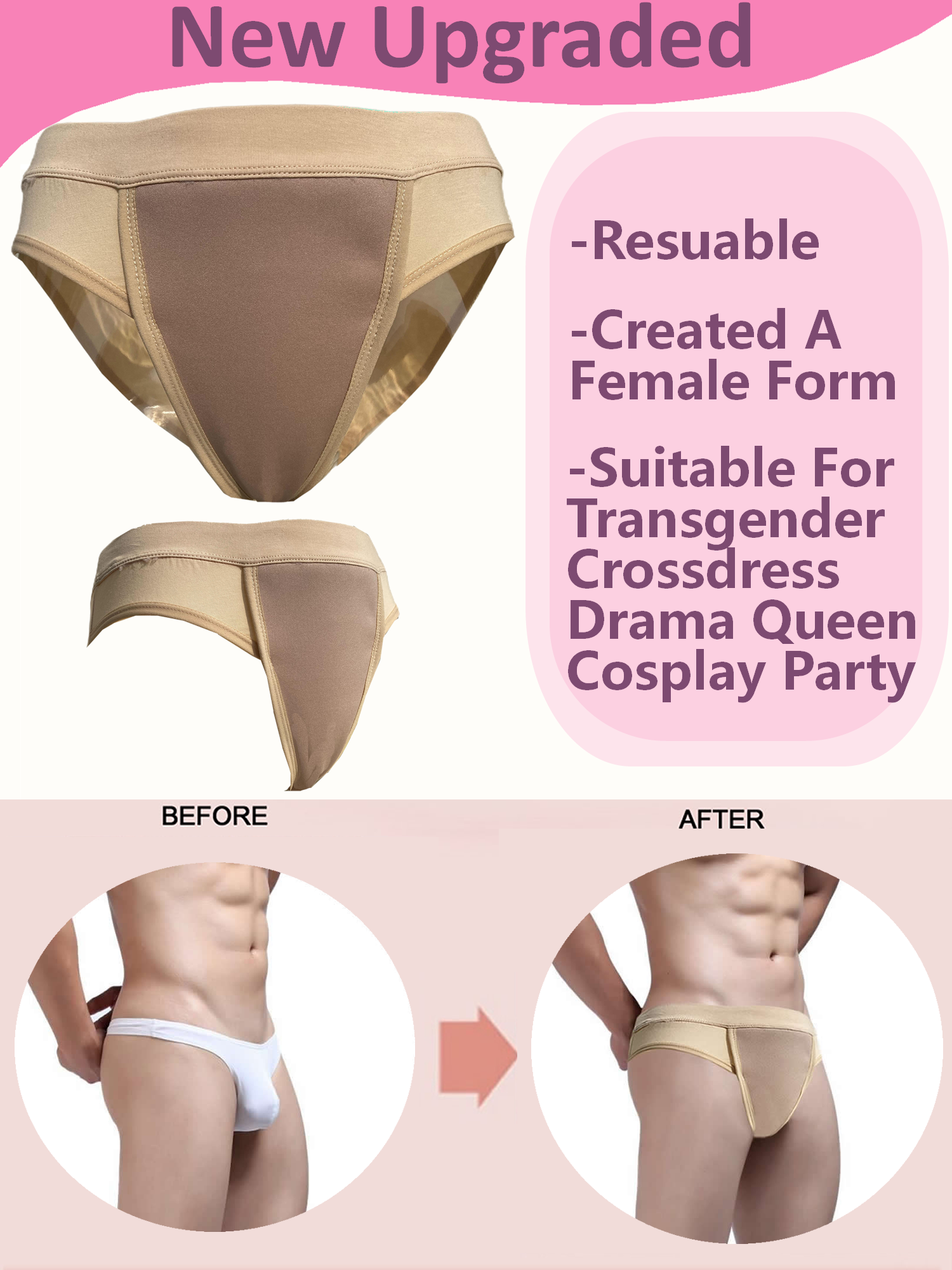 BIMEI Tucking Tape Gaff Panty Avoid Camel Toe Underwear Skip the Line  -Transgender,Crossdresser,Men&Women,Beige,XL