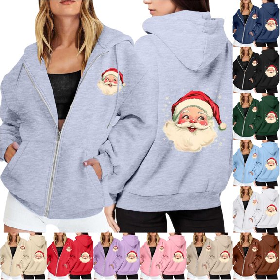 NinXxx Ladies' Christmas Zipper Long Sleeve Pocket Drawstring Hooded Sweatshirt Grey XXL