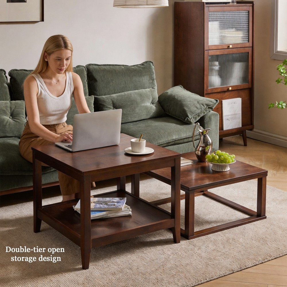 20" Walnut Solid Wood End Table, 2-Tier Square Side Table with Storage Shelf, Wooden Nightstand, Small Coffee Table for Living Room, Bedroom, Office