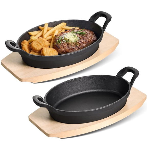 Daluvenix Cast Iron Pan with Handle, Teppanyaki Grill Plate with Wood Tray for BBQ Tray, Barbecue Griddle Steak Plate for Restaurant and Home Cooking, 4packs